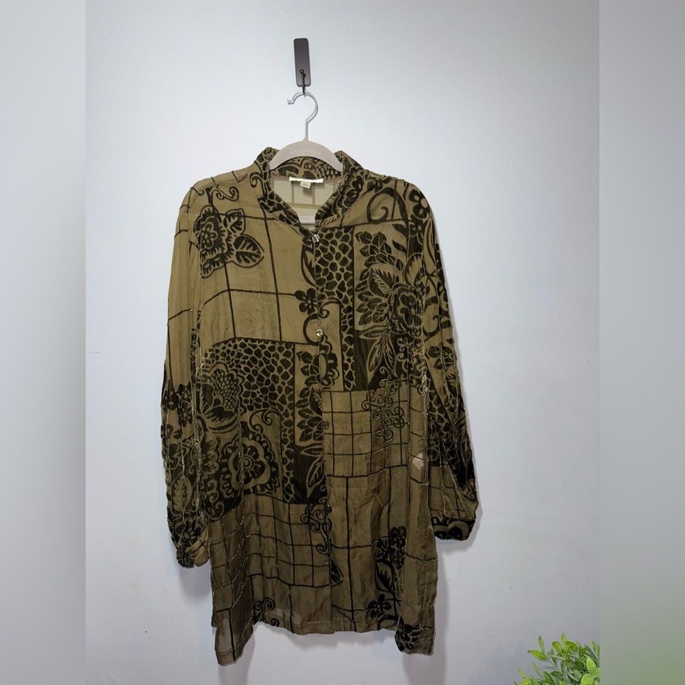 Coldwater Creek women’s Green Floral patchwork Velvet Burnout Tunic Top XL GUC